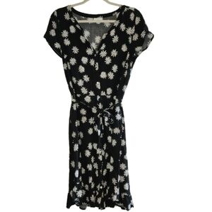 J Jill Size S Button Down Black Floral Dress Ruffle Hem Elastic Waist Belt Flowy